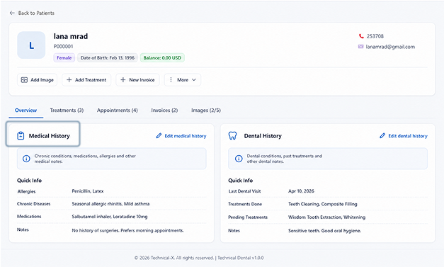 Technical Dental patients management interface