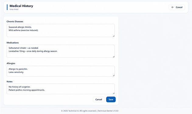 Technical Dental appointments management interface