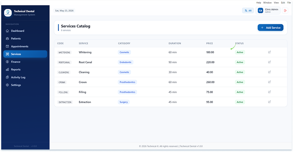 Technical Dental services interface